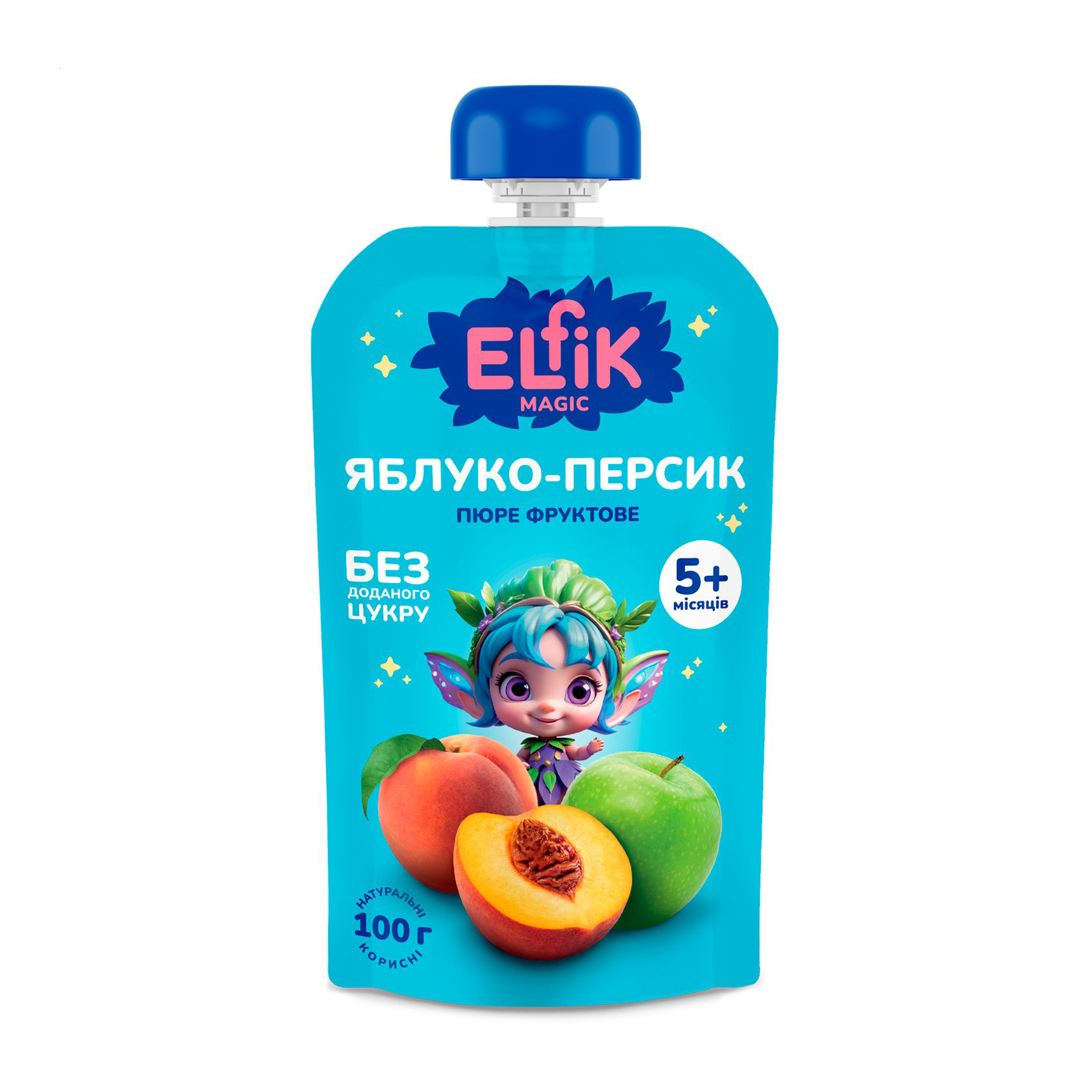 Дитяче фруктове пюре Elfik Magic Яблуко-персик, без доданого цукру, від 5 місяців, 100 г (дойпак)